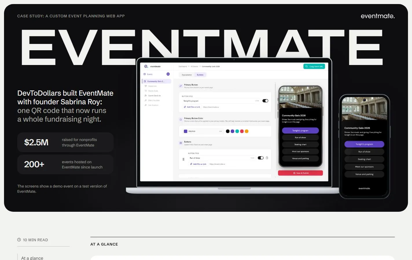 The EventMate case study page on devtodollars.com