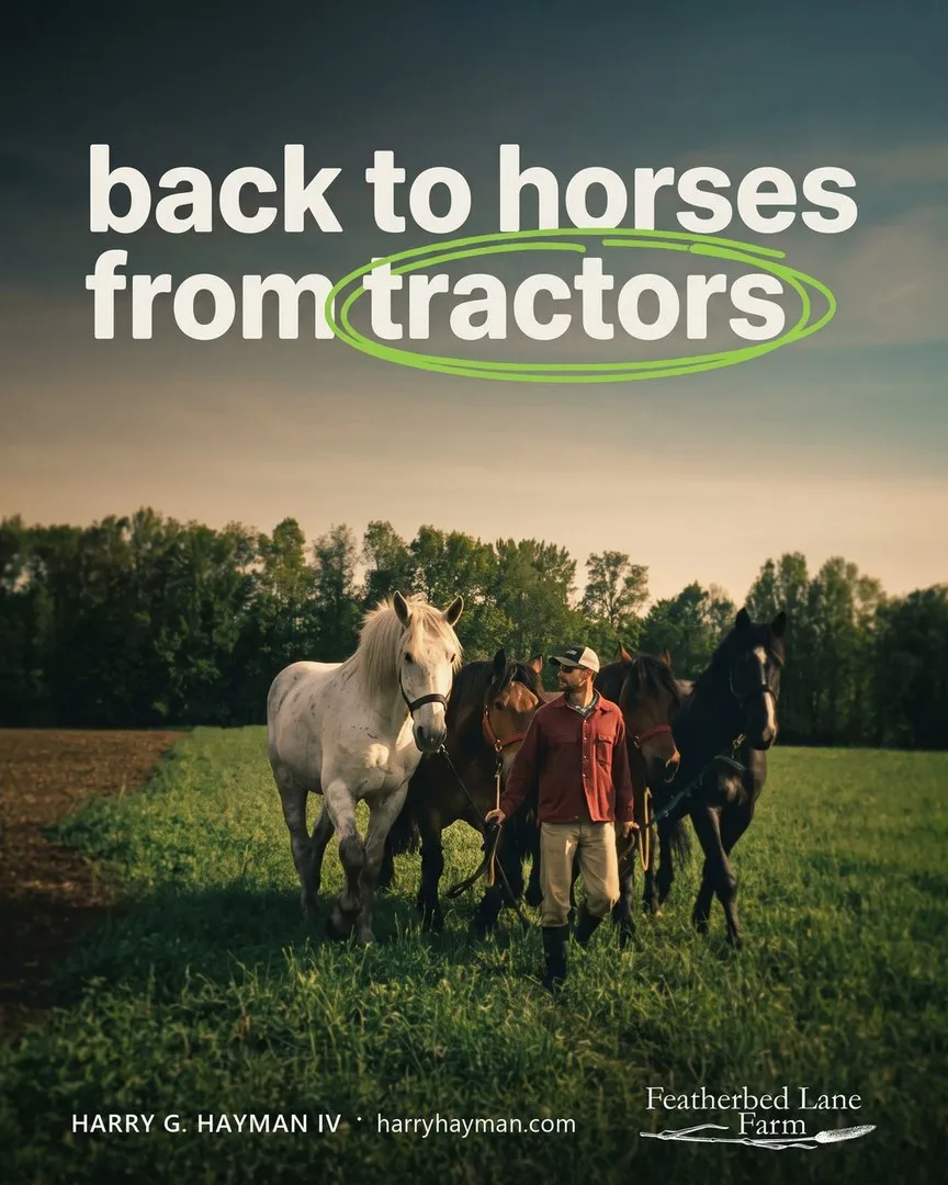 Harry Hayman poster: back to horses from tractors, a farmer walking four draft horses across a field