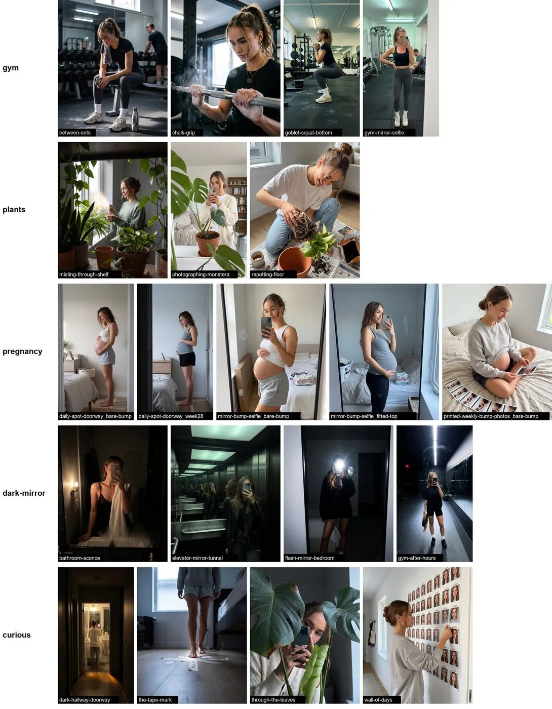 Mila, an AI-generated creator: still sets for gym, plants, pregnancy and dark mirror