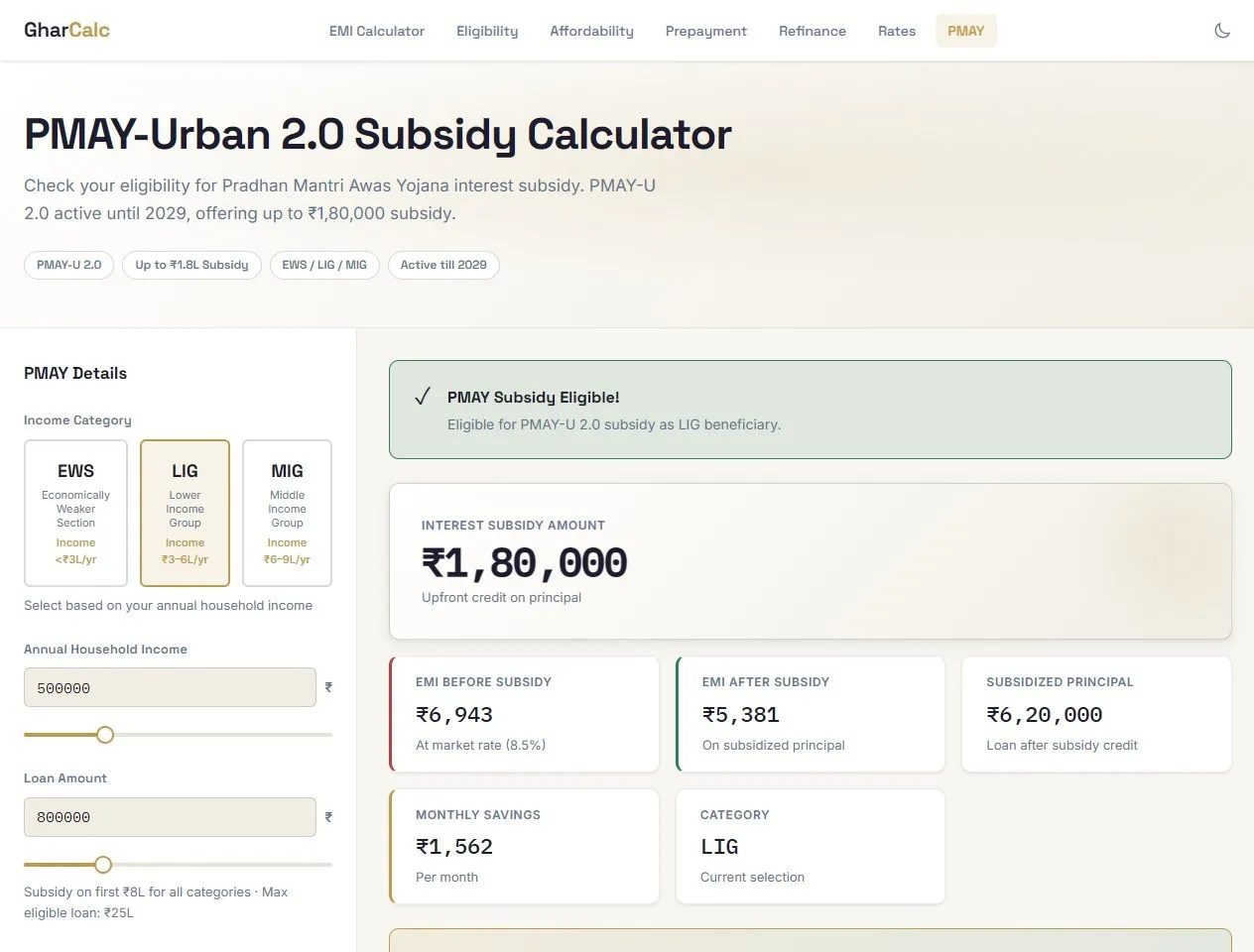 The GharCalc PMAY subsidy calculator