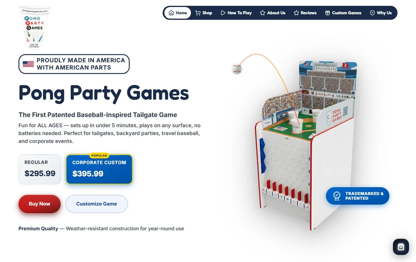 The Pong Party Games home page, selling a baseball tailgate game