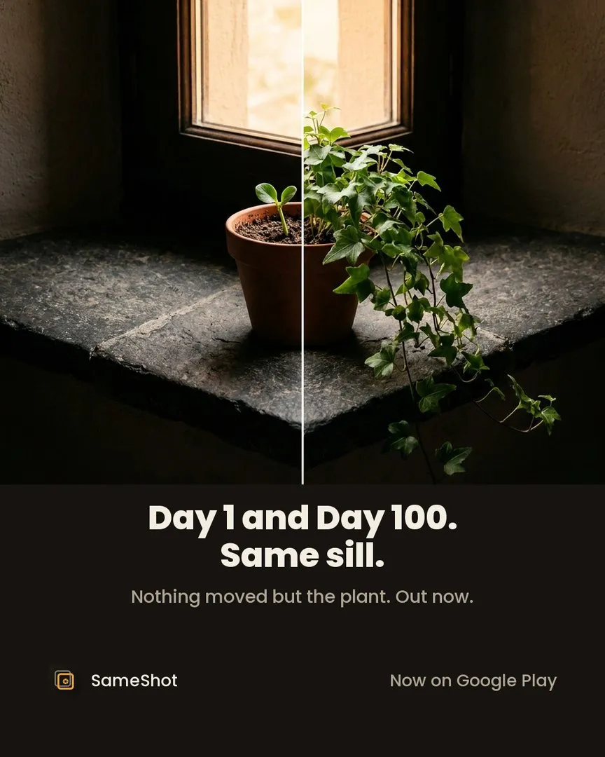 SameShot poster: Day 1 and Day 100. Same sill. A potted plant on a stone window sill, split down the middle between its first day and its hundredth
