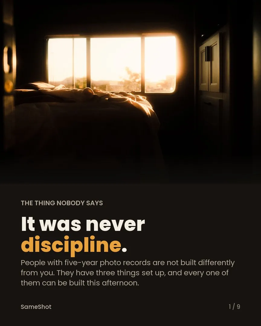 SameShot poster: It was never discipline. Warm morning light through a bedroom window onto an unmade bed