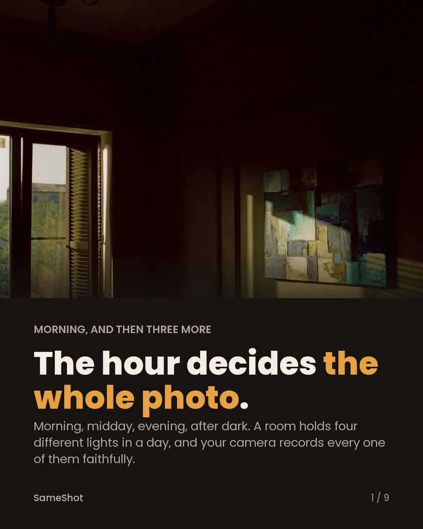 SameShot poster: The hour decides the whole photo. Late light falling across a dim room and a painting
