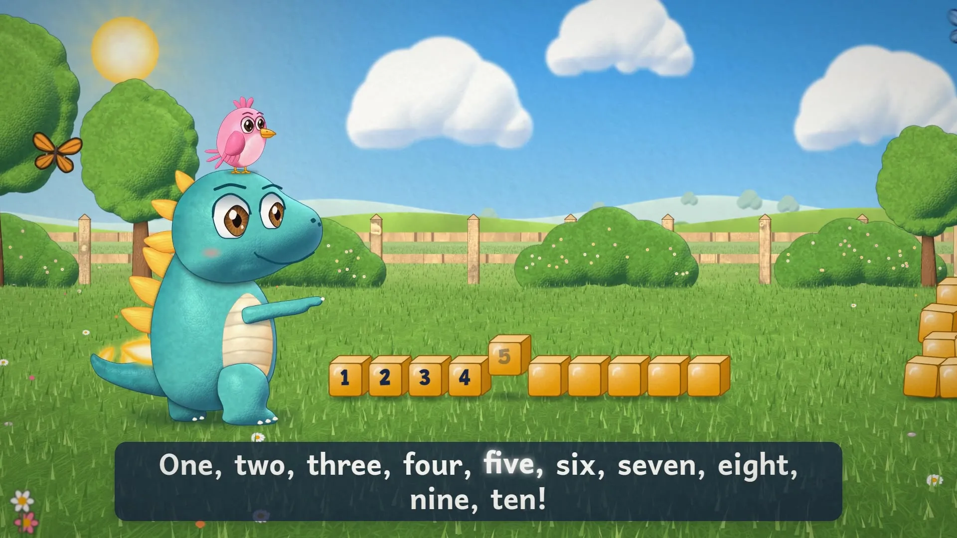 A frame from Tens and Ones with Tally, an animated math lesson: a blue dinosaur counts ten blocks